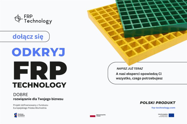 Plakat z żółtym i zielonym podestem wykonanym przez maszynę firmy FRP Technology sp. z o. o.